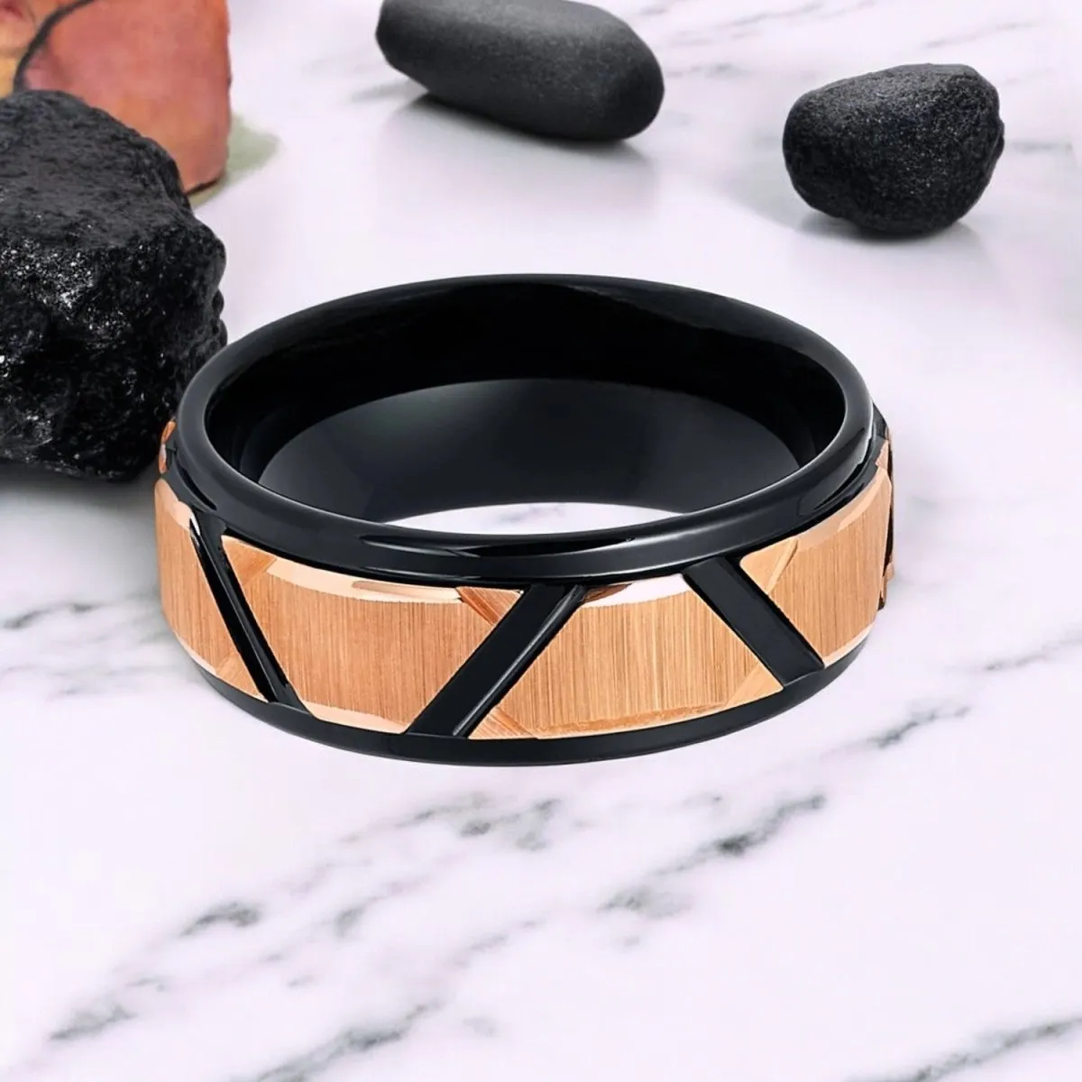 FISONE | Black Tungsten Ring, Rose Gold Trapezoids Design, Stepped Edge