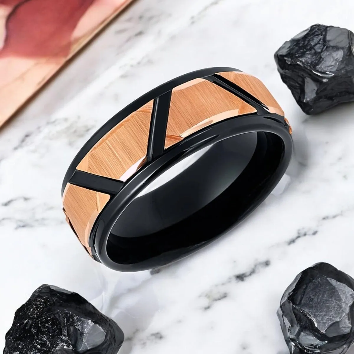 FISONE | Black Tungsten Ring, Rose Gold Trapezoids Design, Stepped Edge