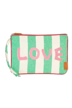 Green Stripe Pouch with Crochet Applique