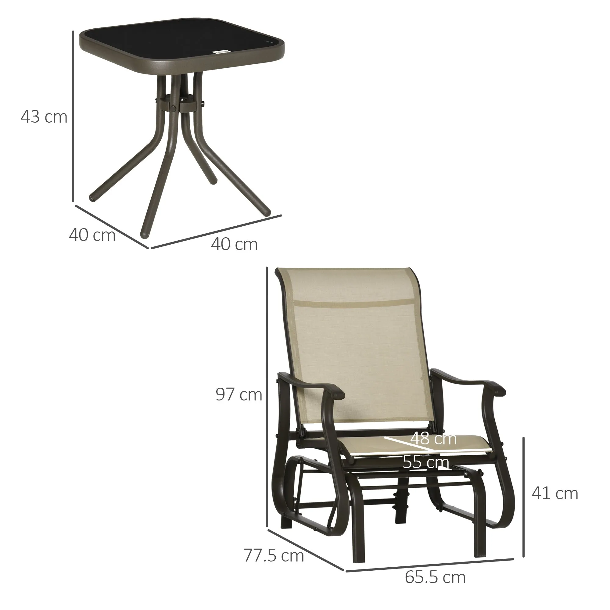 Set of 3 Gliding Chair & Tea Table Set, Outdoor Rocker Set with 2 Armchairs, Tempered Glass Tabletop, Khaki