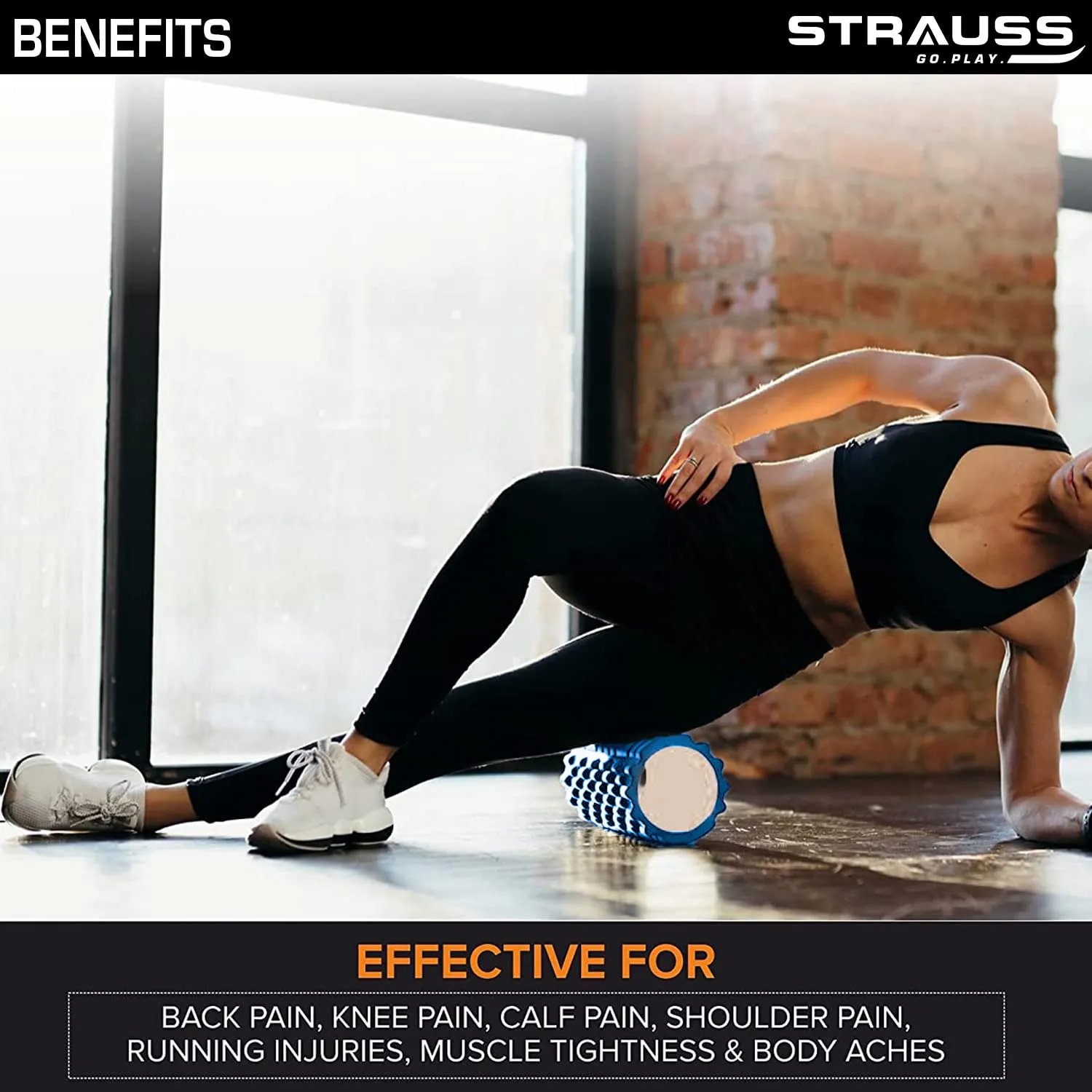 Strauss ST-1441 Grid Foam Roller (Black), 33 CM and Acupressure Massage Ball, 3.5-inch (Blue)