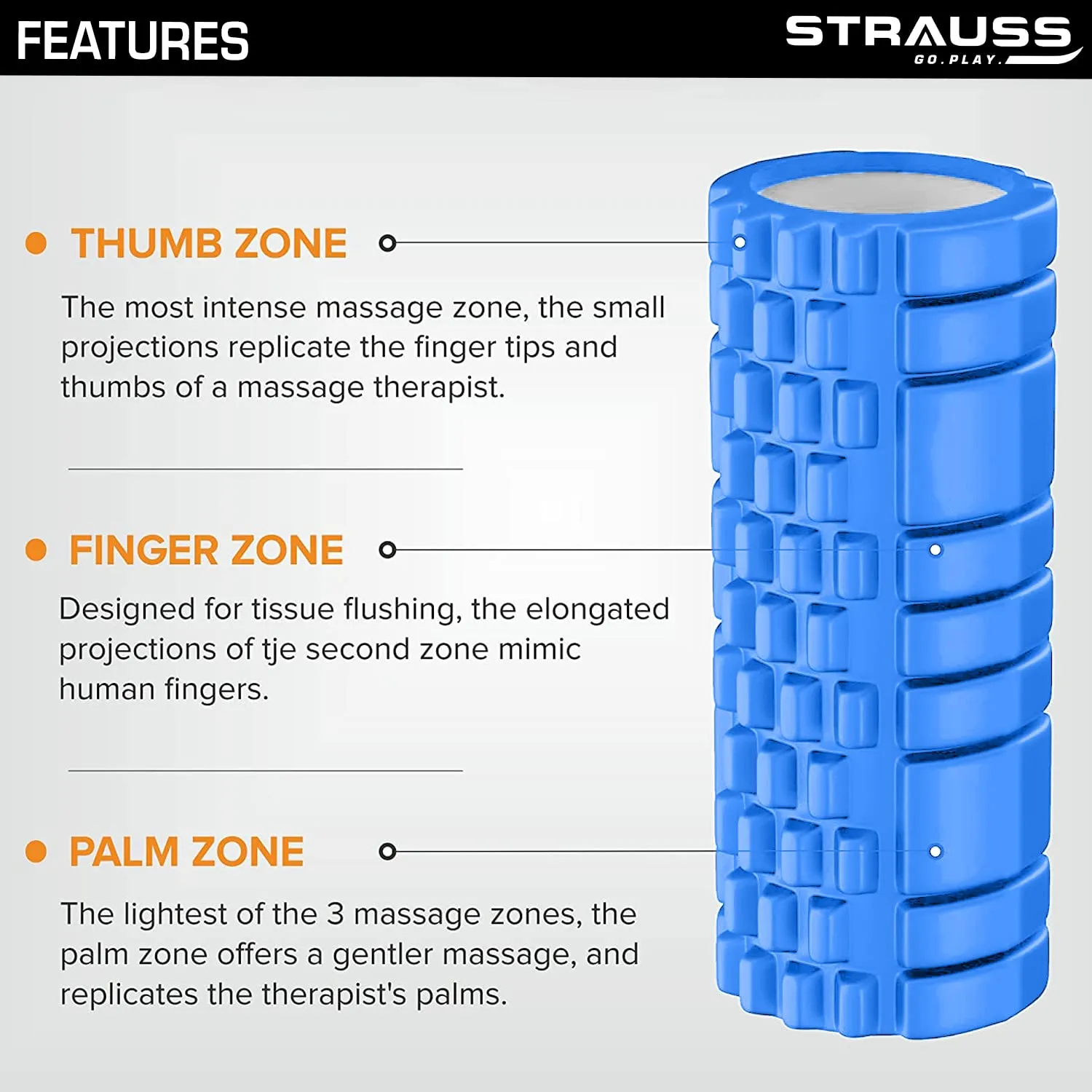 Strauss ST-1441 Grid Foam Roller (Black), 33 CM and Acupressure Massage Ball, 3.5-inch (Blue)